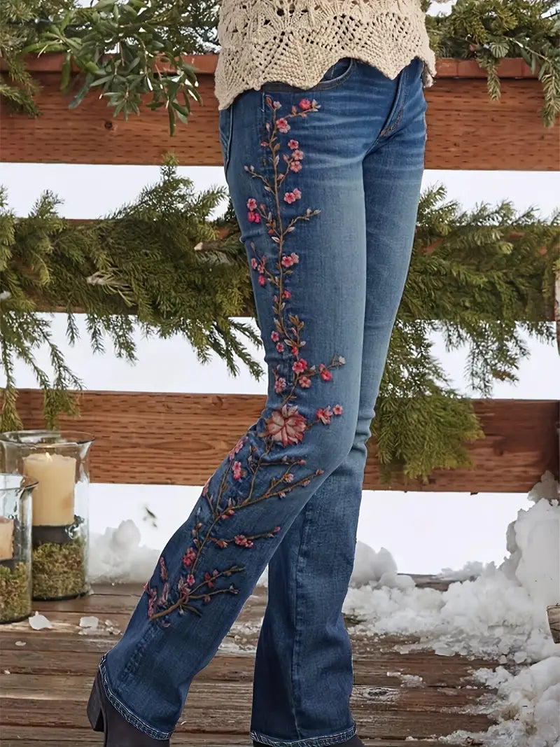 Stilvolle und bequeme Jeans mit Blumenstickerei in Übergröße