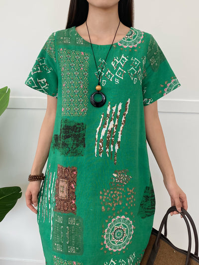 Leinen-Tunika-Kleid für Damen – Rundhalsausschnitt, Blumenprint, Taschen & Lässige