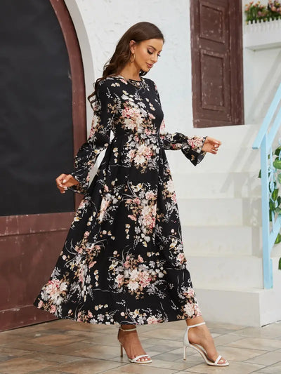 Boho Langärmeliges Maxikleid mit Blumendruck und Rüschenbesatz