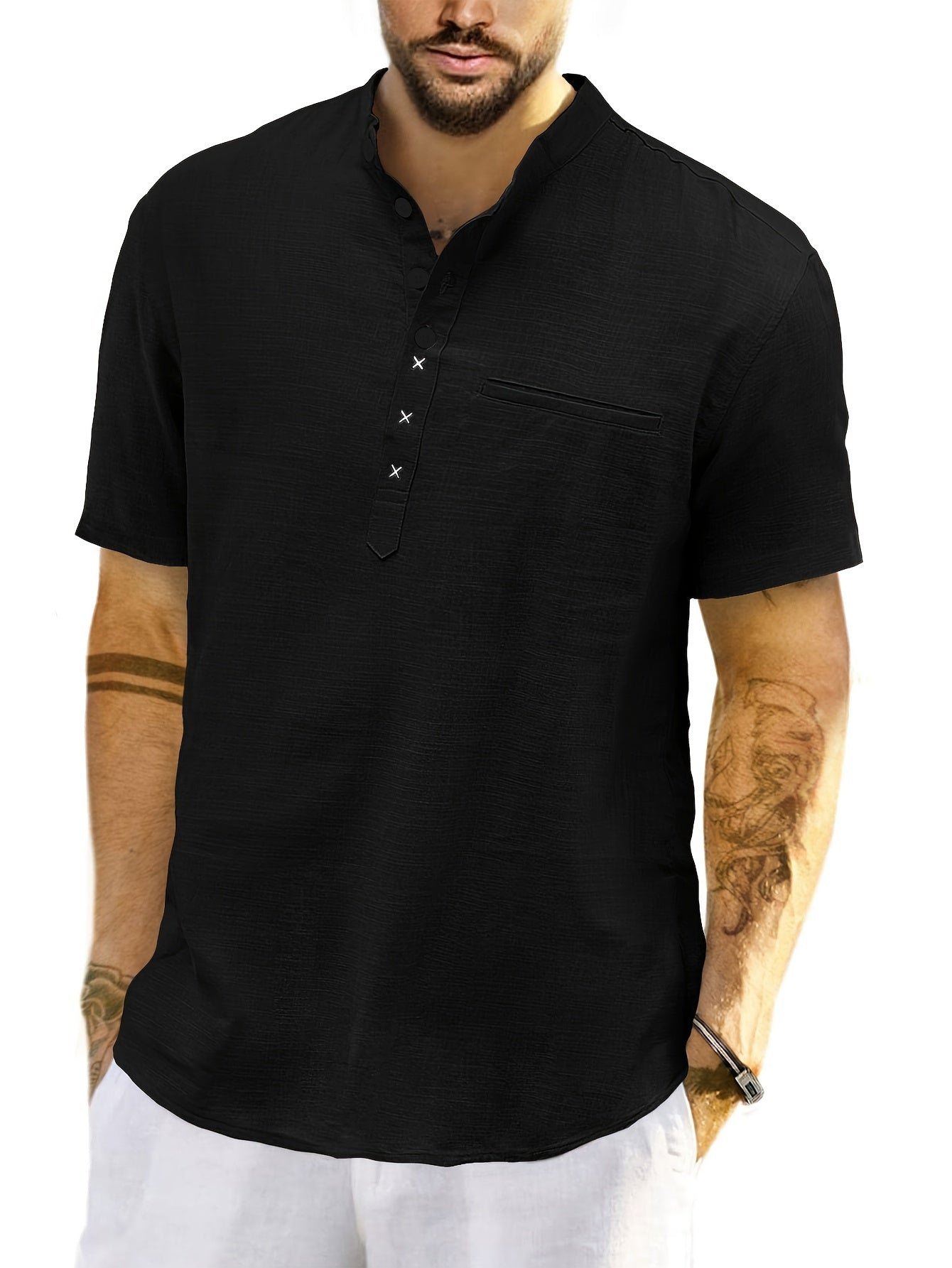 Leichtes Baumwoll-Leinen Henley-Shirt – Kurzarm, Stehkragen, Einfarbig & Atmungsaktiv