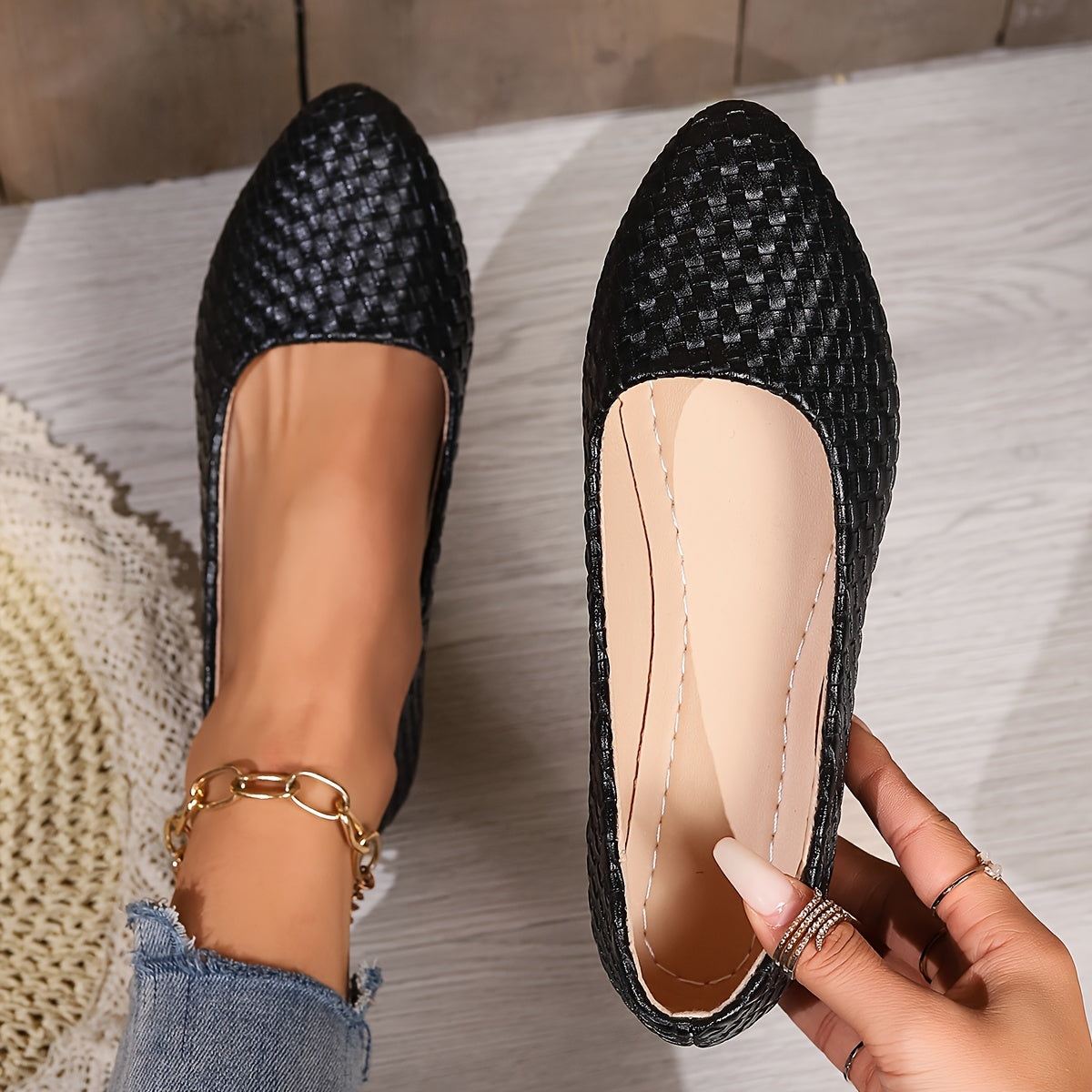 Geflochtene Detail Slip-On Flats für Frauen, spitze Zehe, weiche Sohle