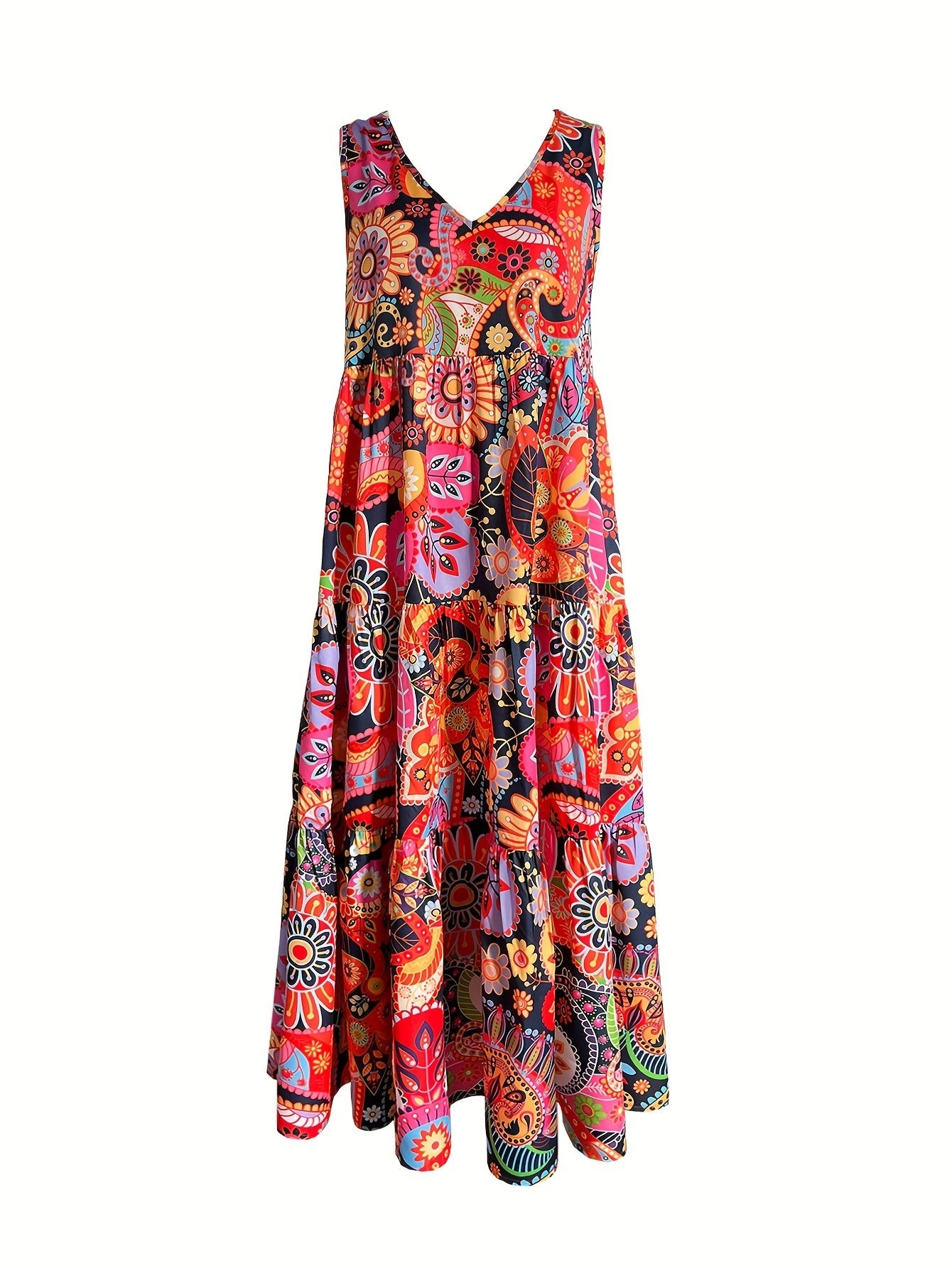 Sommerkleid mit Allover-Print Ärmelloses V-Ausschnitt Kleid mit Rüschen