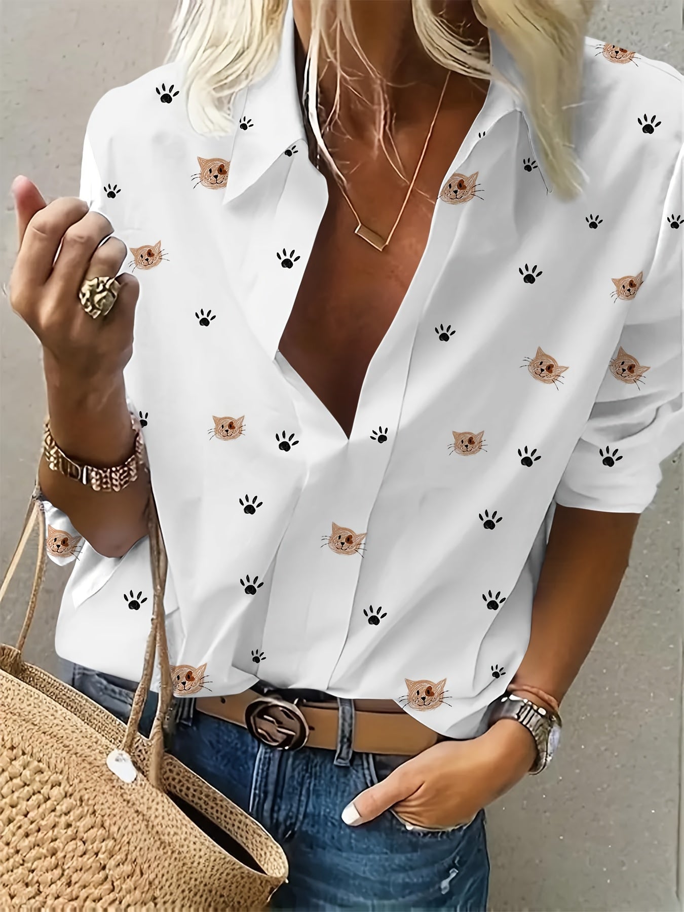 Lässige Damen-Bluse – Langarm, Cartoon-Katzen-Print & Knopfleiste für Herbst & Frühling