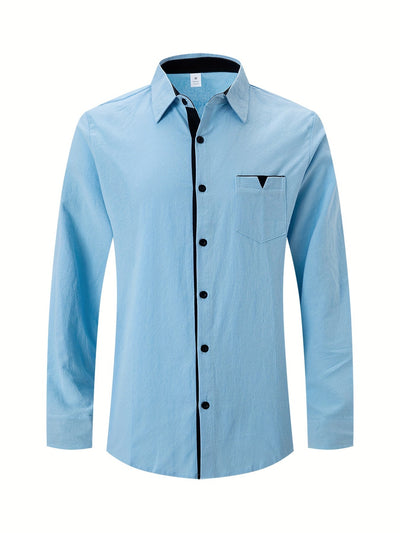 Herren Langarm Button-Up Hemd – Patchwork Reverskragen, Lässig & Elegant