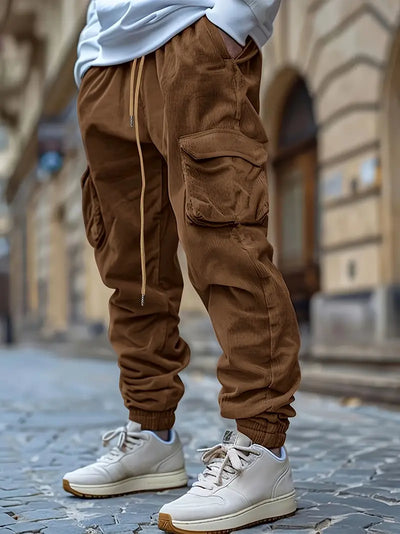 Corduroy Cargo Pants mit Taschen – Mid Waist, Drawstring, Leicht Stretch,