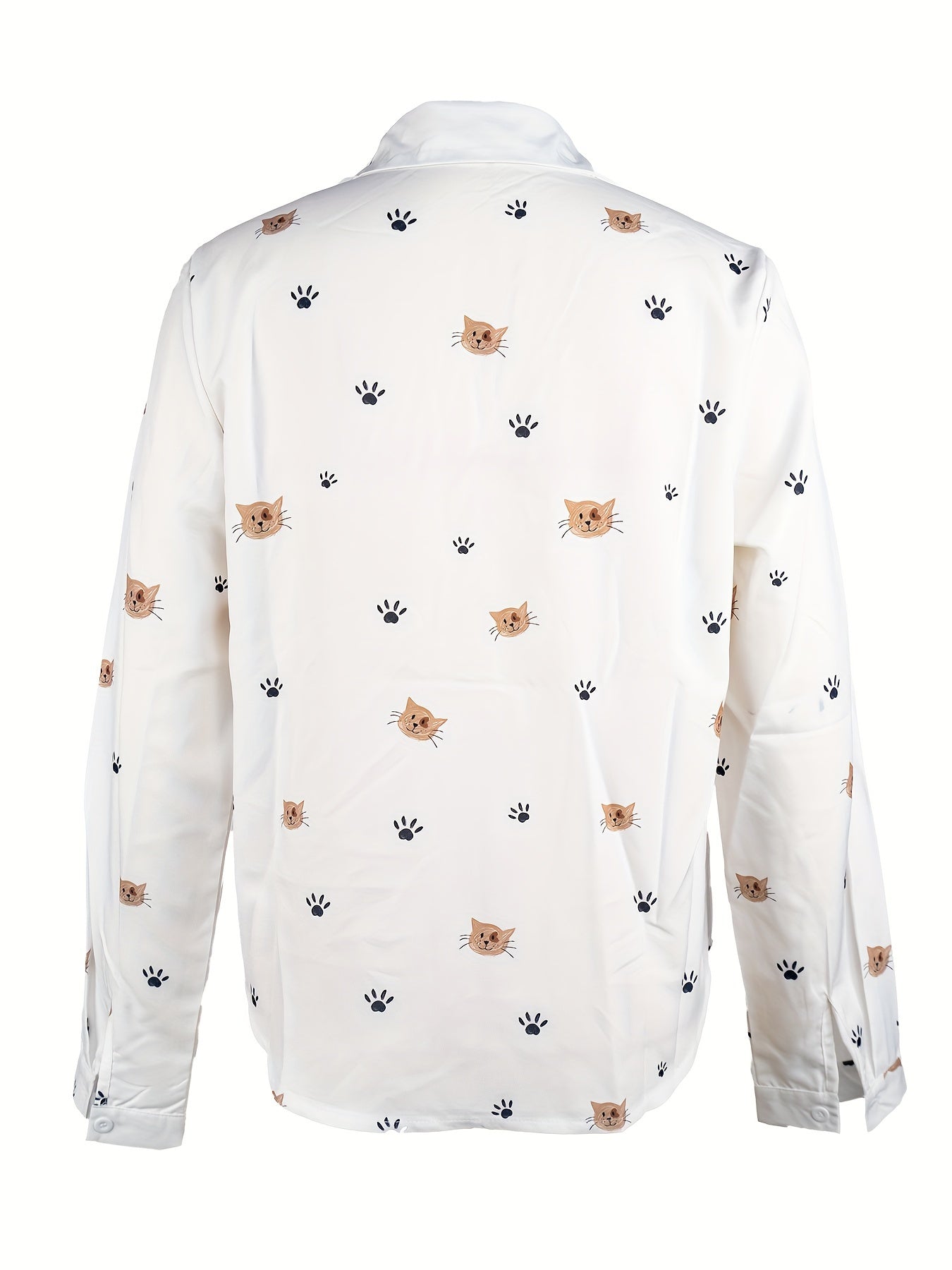 Lässige Damen-Bluse – Langarm, Cartoon-Katzen-Print & Knopfleiste für Herbst & Frühling