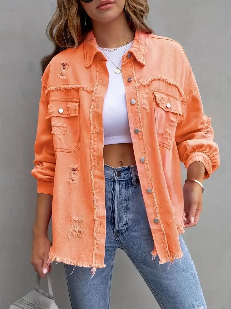 Clay - Jeansjacke im Street-Style mit zerrissenem, ungesäumtem Saum und Used-Look