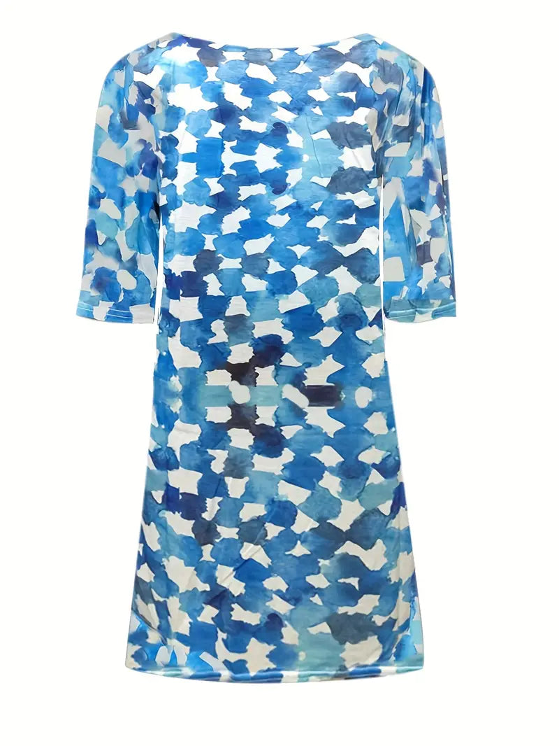 Blaues Allover Print Kleid mit V-Ausschnitt & Halblangen Ärmeln