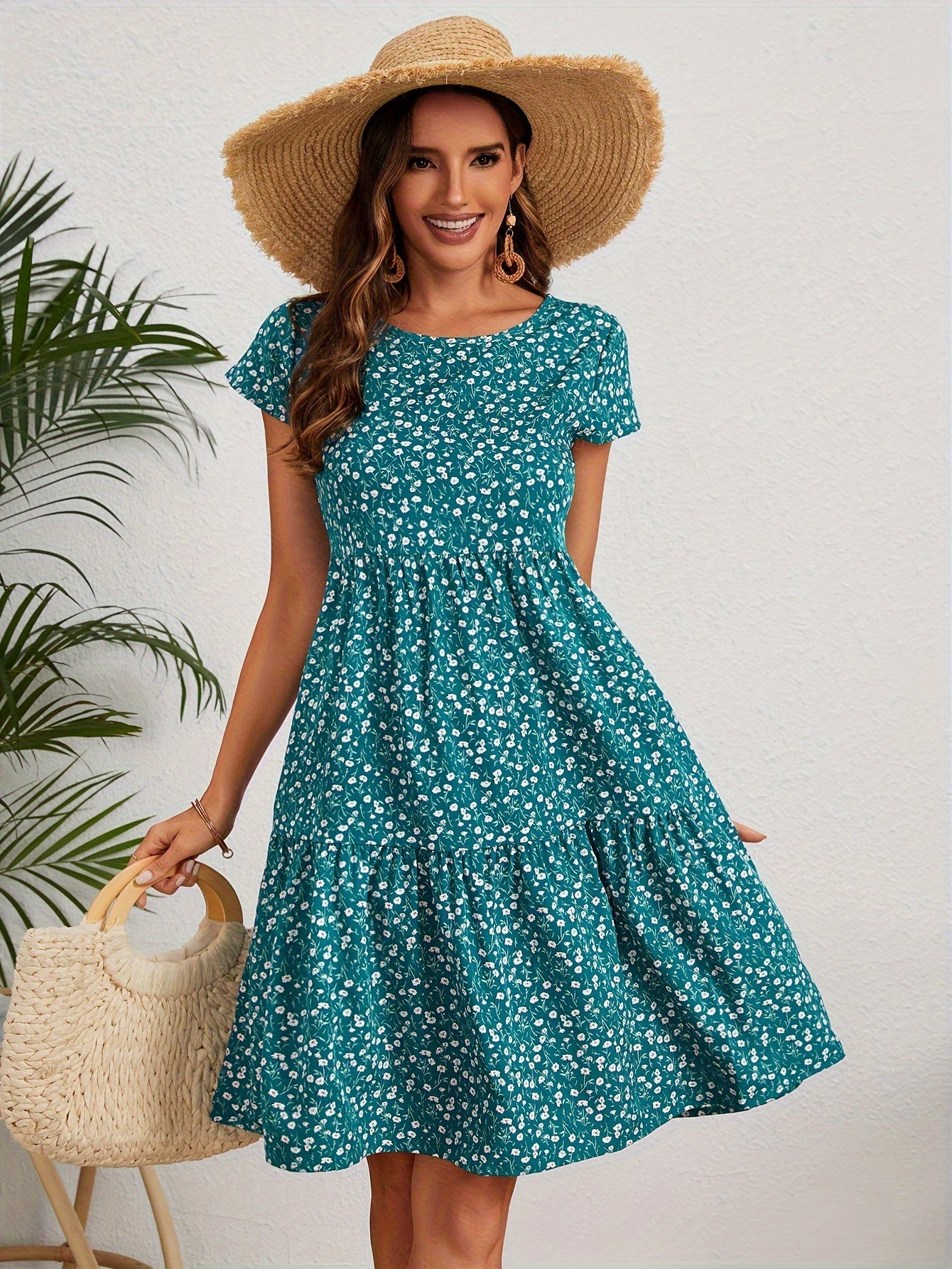 Blumenkleid Damen Weinlese Kurzarm Sommerkleid mit Rundhalsausschnitt