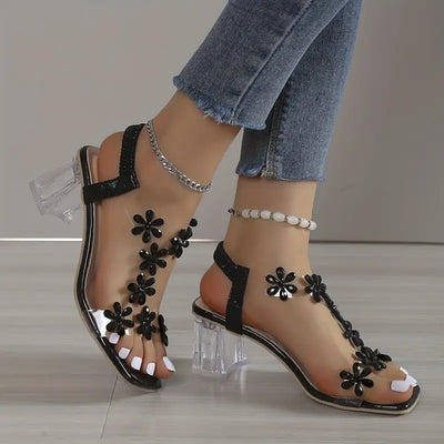 Blumen-Strass Blockabsatz Sandalen Offene Zehen Elastischer Riemen