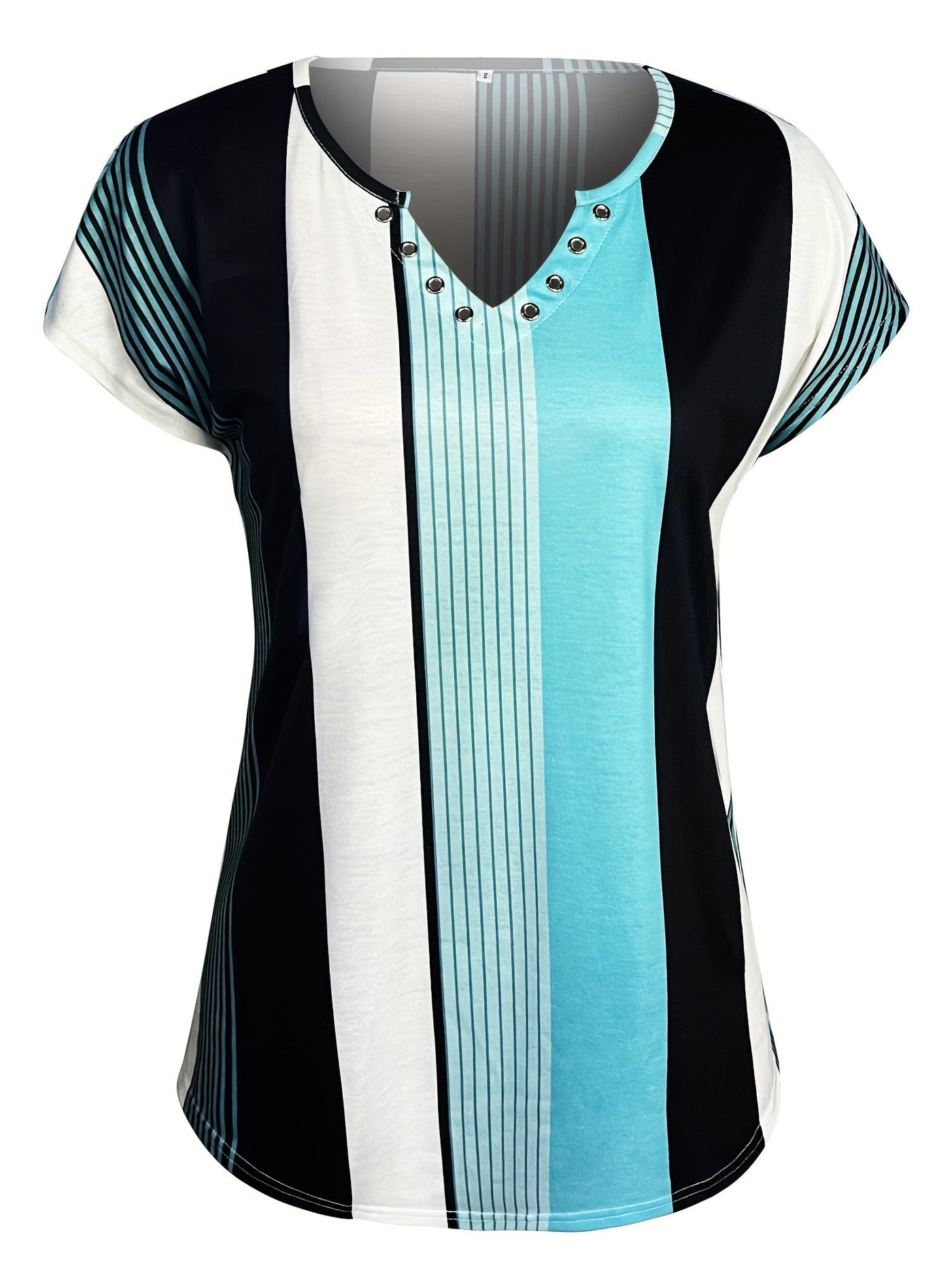 Leinen-Shirt – Damen Colorblock T-Shirt mit V-Ausschnitt, Kurzarm & Streifen