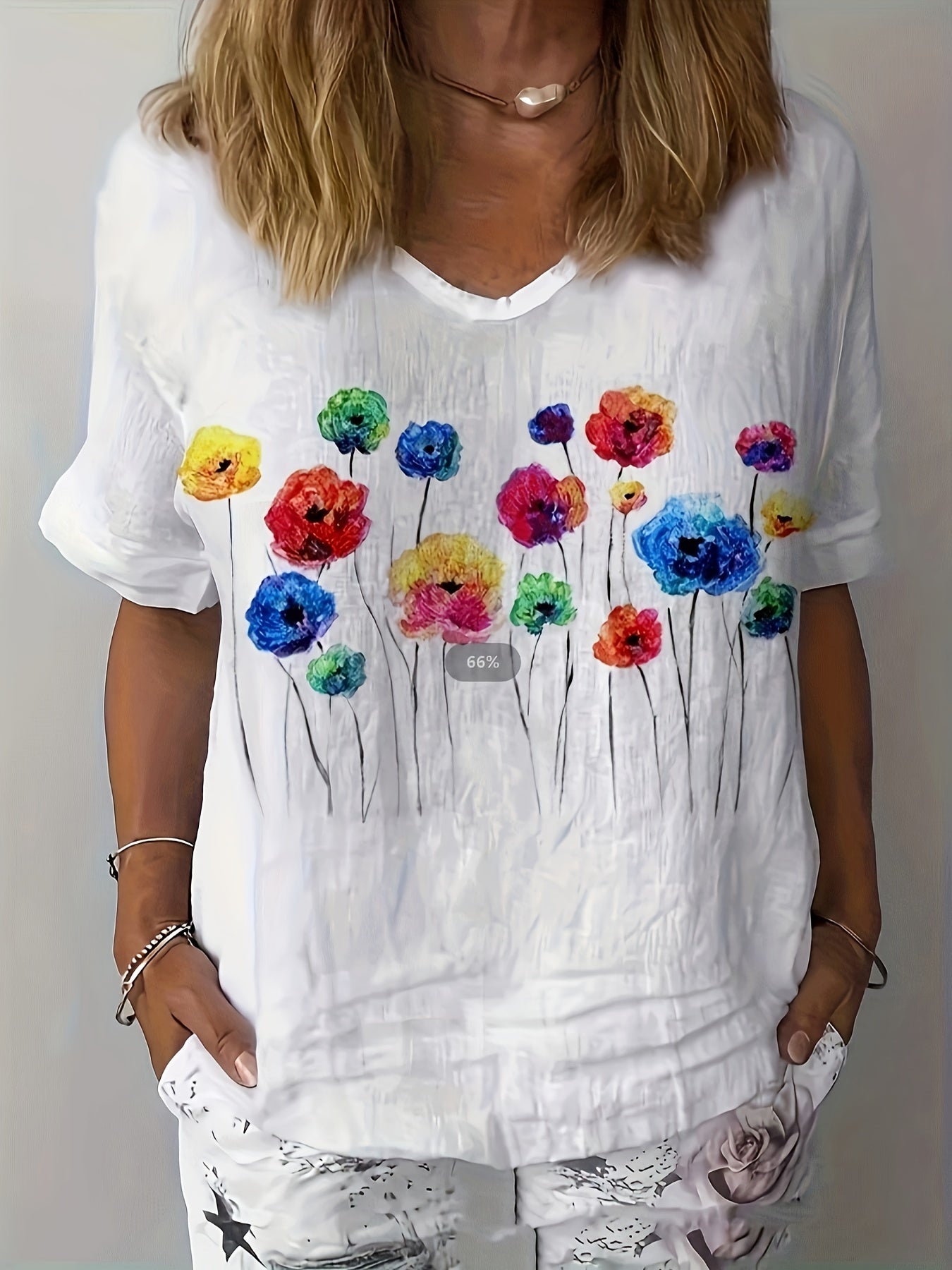 Floral Applique Linen T-Shirt für Damen, V-Ausschnitt, Weiß Ganzjährig