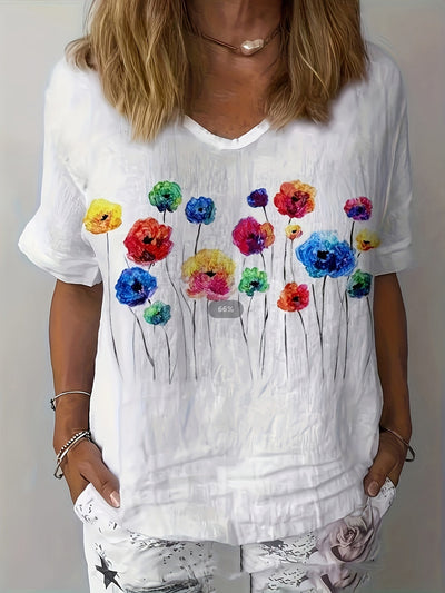 Damen Leinen T-Shirt mit Blumenapplikation – V-Ausschnitt, Casual Oberteil