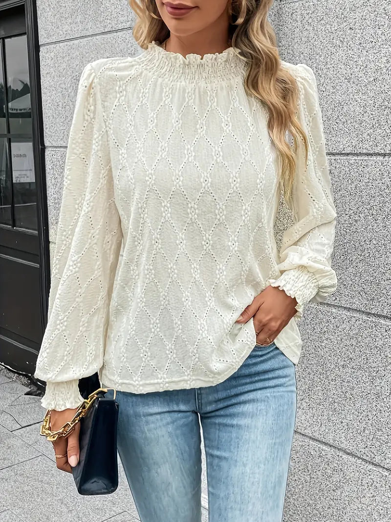 Elegante Shirred Bluse mit Schornsteinkragen &amp; Bündchen