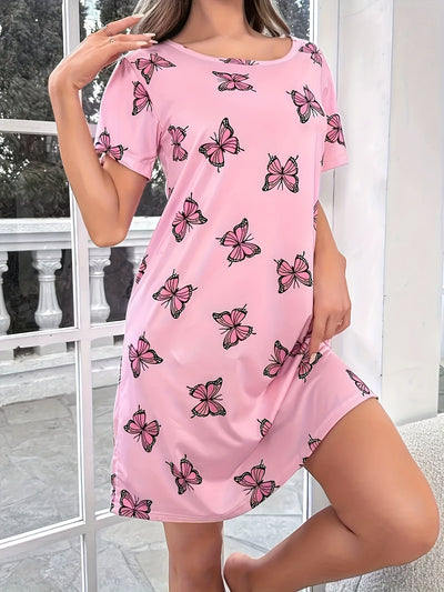 Schmetterling Kleid Damen Sommer Kurzarm Freizeitkleid Rundhals