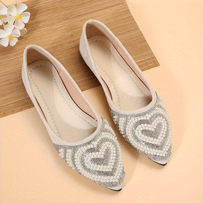 Chic Damen Slip-On Flats mit Herz-Pearl & Strass, Elegante Sommer Flats