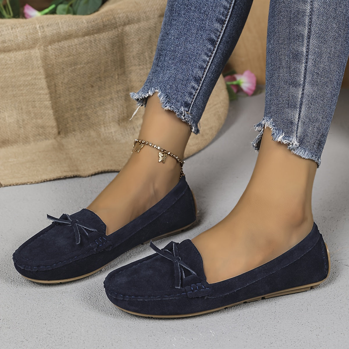 Retro loafers mit Schleifen-Detail, Runde Zehen Slip-On Schuhe