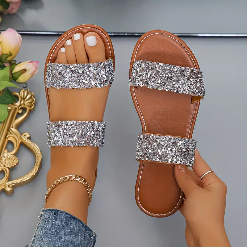 Bequeme Sommer Pantoletten mit Strass Offene Zehen Doppelriemen Leicht & Stylisch