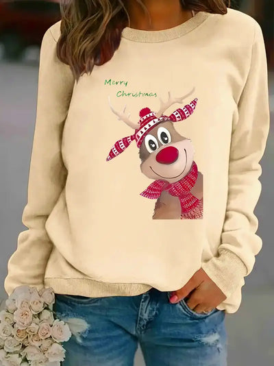 Cozy Fleece-Lined Christmas Reindeer Print Women's Sweatshirt