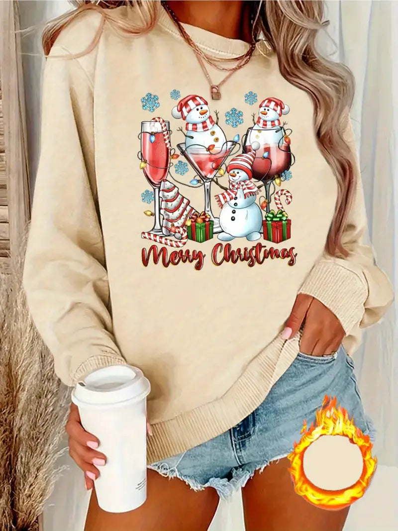 Kuscheliges Fleece-gefüttertes Weihnachts-Sweatshirt für Frauen - Festlicher Schneemann