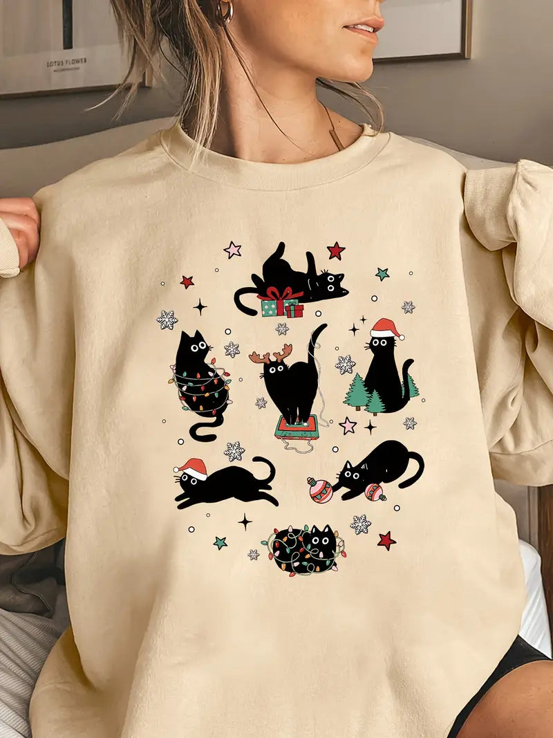 Weihnachtskatze Print Pullover-Sweatshirt für Damen – 100% Polyester