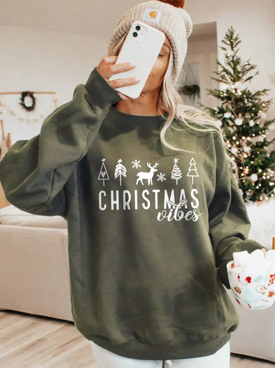 Weihnachts-Sweatshirt für Damen – Grafischer Print, Rundhals, 100% Polyester