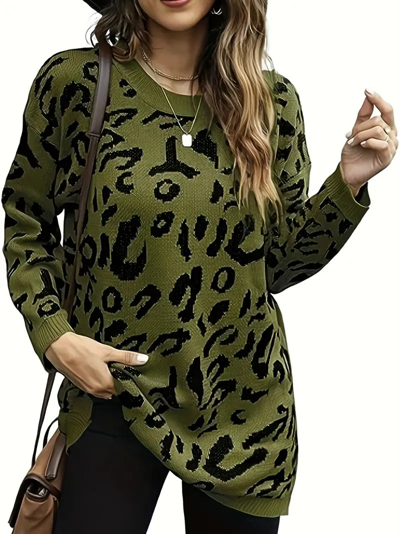 Chic Leopardenmuster Plus Size Pullover – Casual Crew Neck