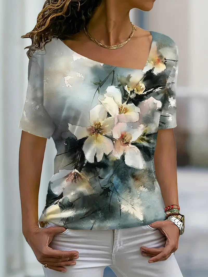 T-shirt mit Blumenmuster und V-Ausschnitt