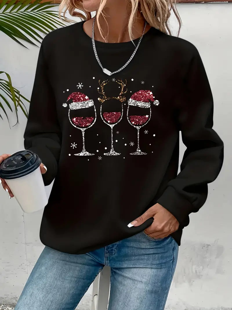 Festliche Weihnachten Weinglas & Santa Hut drucken Sweatshirt für Frauen