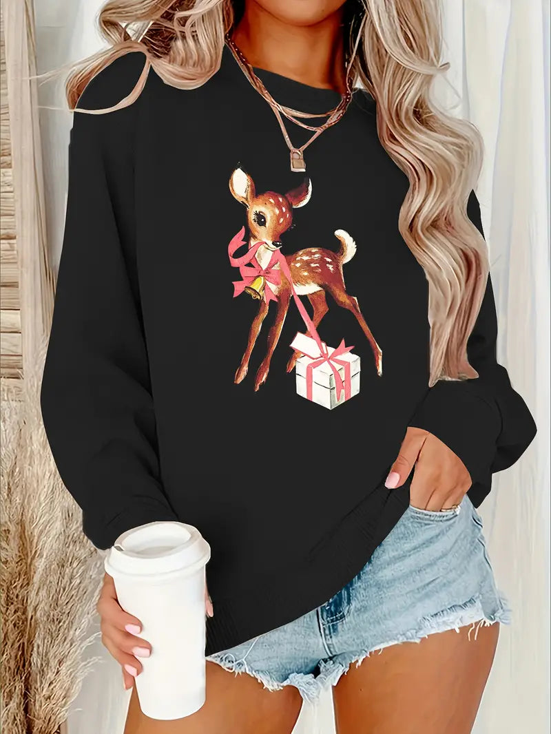 Weihnachts-Sweatshirt für Damen – Vintage Rentier-Print, Rundhals, 100% Polyester