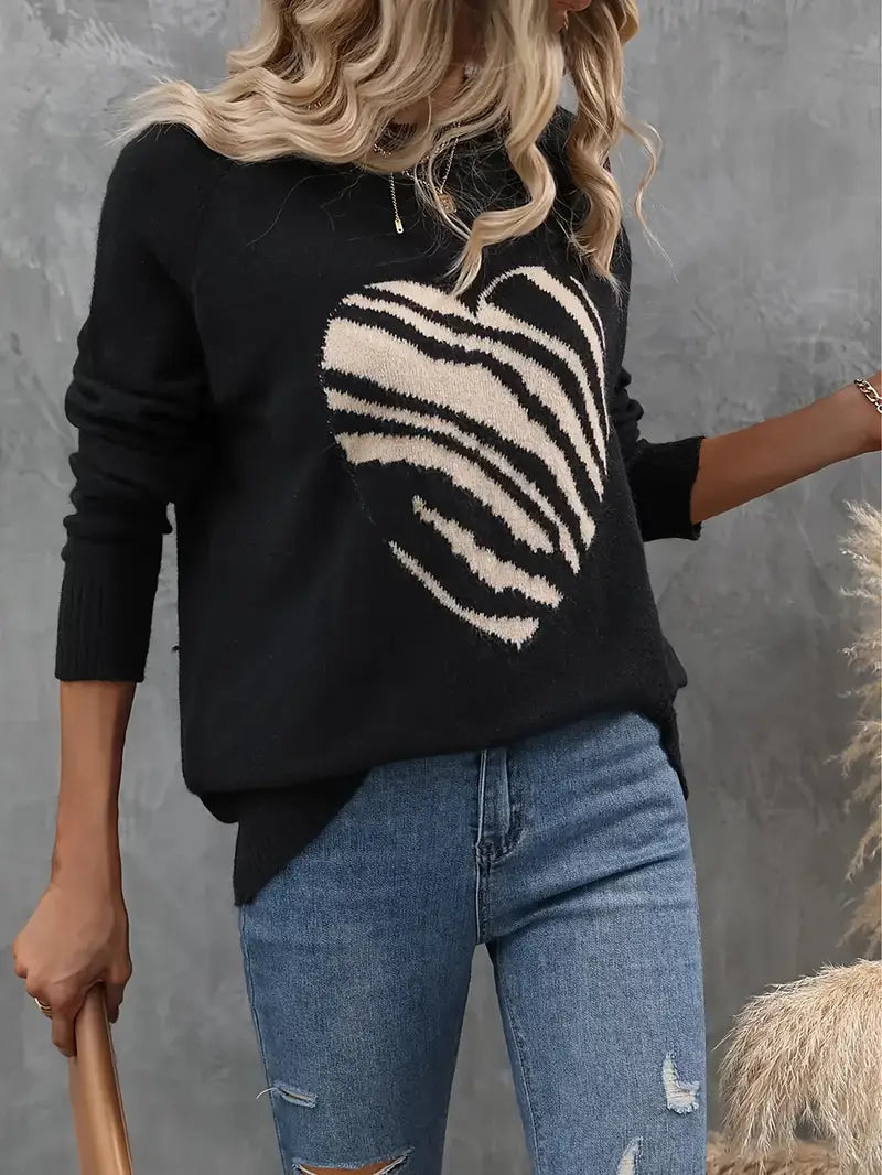 Leopardenmuster Damen Strickpullover – Eleganter Crew Neck, Langarm