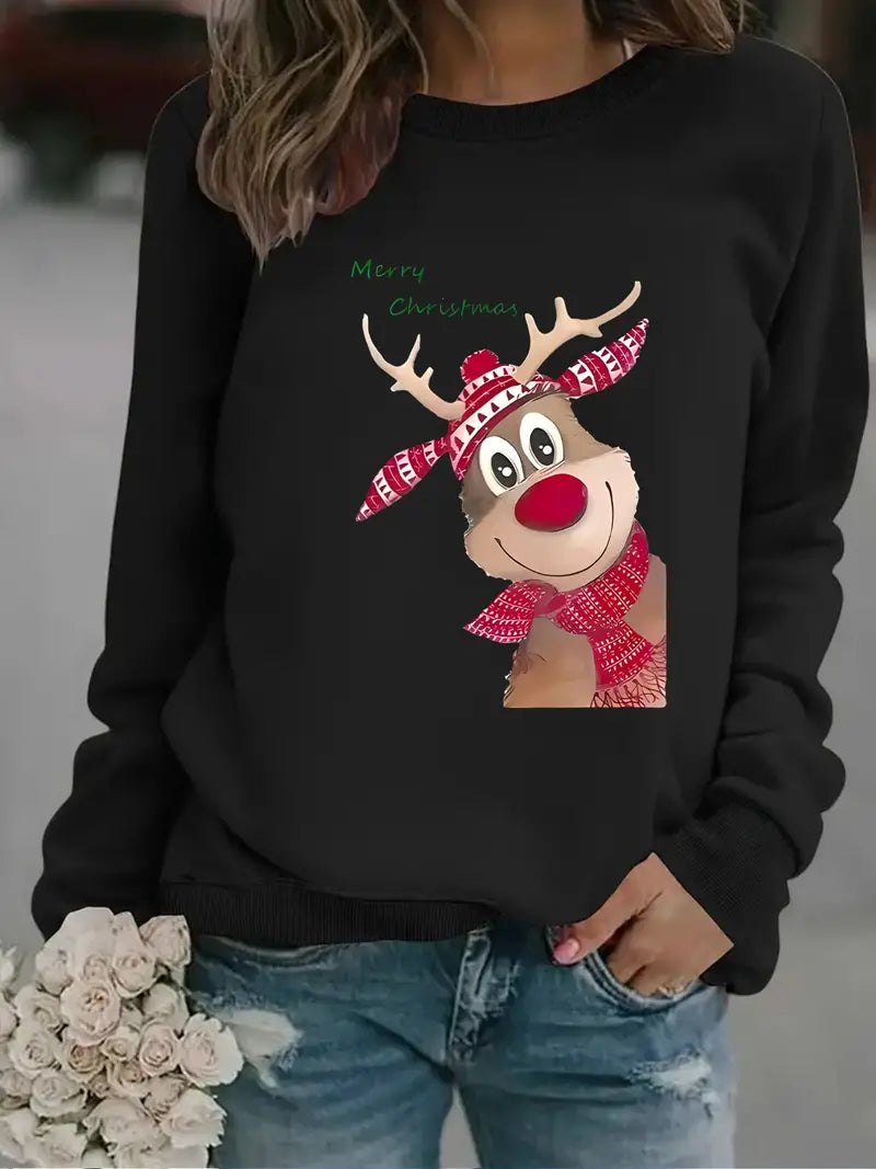 Cozy Fleece-Lined Christmas Reindeer Print Women's Sweatshirt