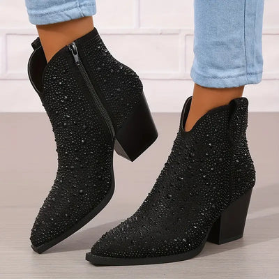 Stiefeletten mit Strass-Dekor, spitzer Zehenbereich und klobigem Absatz