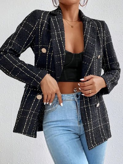 Damen Karo Blazer – Doppelreiher, Langarm, Elegantes Design