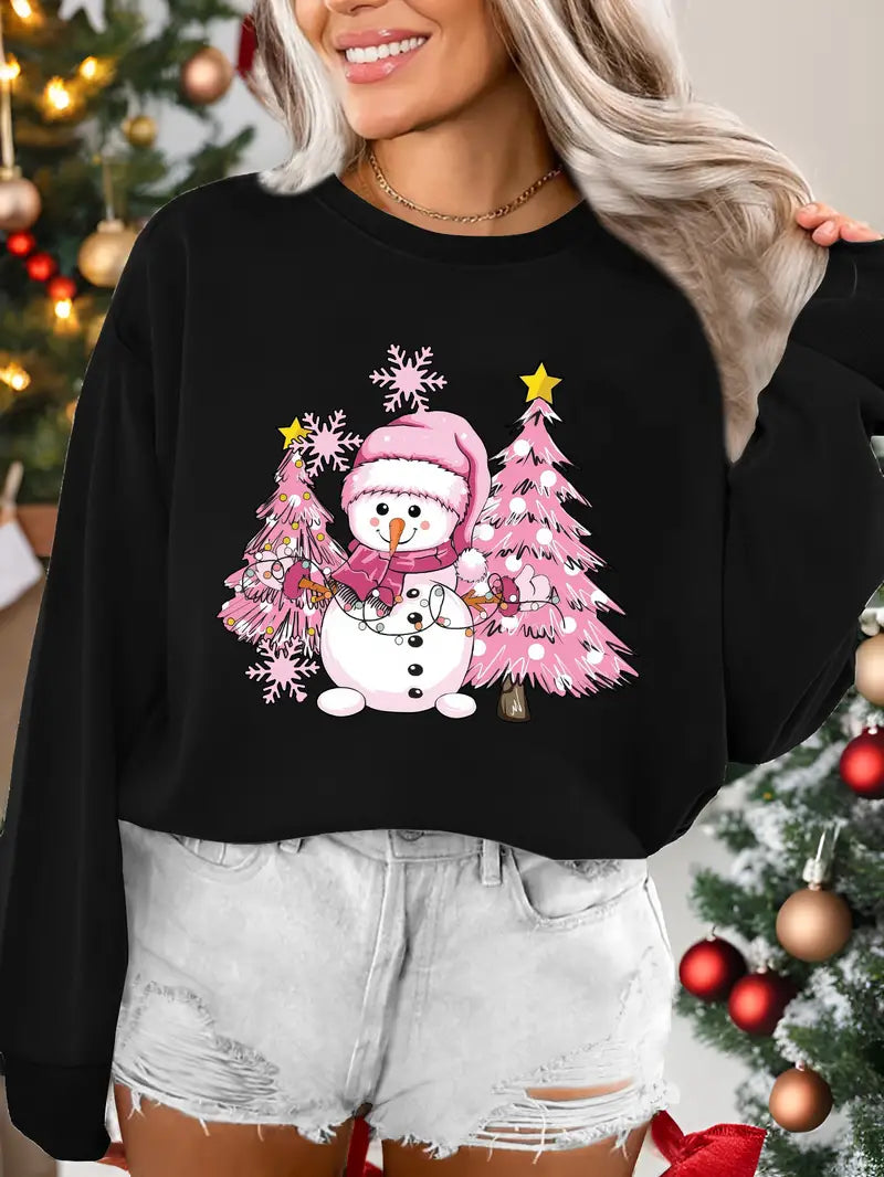 Festliches rosa Sweatshirt mit Weihnachtsbaum- und Schneemann-Aufdruck für Frauen