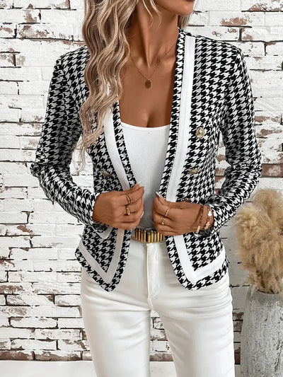 Damen Hahnentritt Blazer – Eleganter Farbblock, Langarm, Doppelknopf