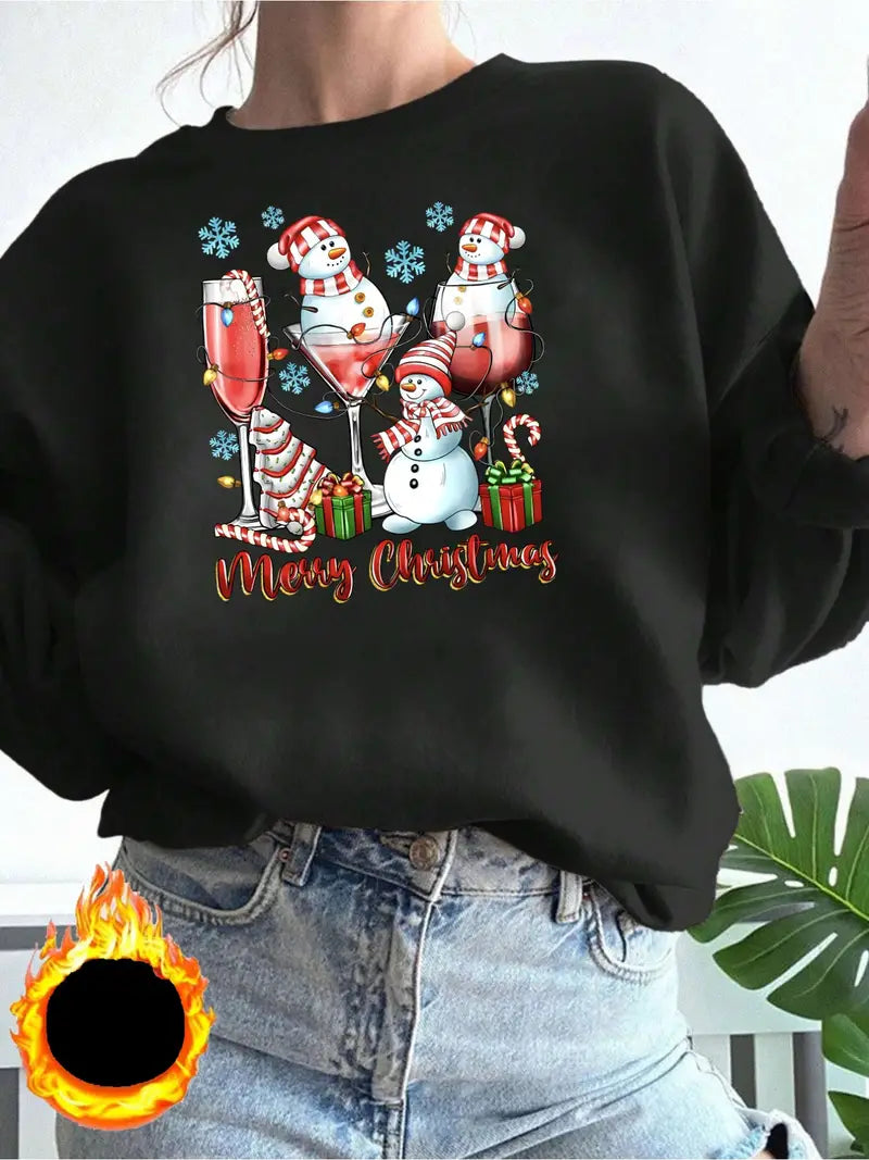 Kuscheliges Fleece-gefüttertes Weihnachts-Sweatshirt für Frauen - Festlicher Schneemann