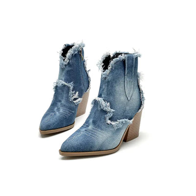 Damen Denim Cowboystiefel mit hohem Absatz