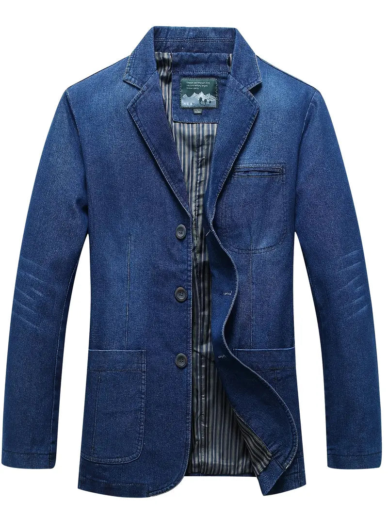 Langärmeliger einreihiger Denim-Blazer mit Tasche für Herren