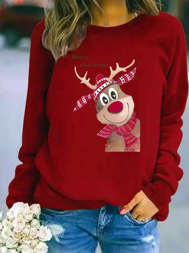 Cozy Fleece-Lined Christmas Reindeer Print Women's Sweatshirt