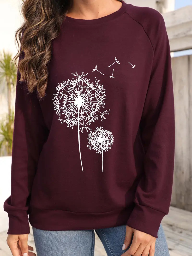 Dandelion Print Pullover Sweatshirt - Langarm, Crew Neck, Casual