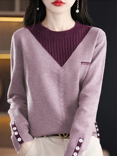 Eleganter Farbblock-Strickpullover für Frauen - Rundhalsausschnitt, lange Ärmel