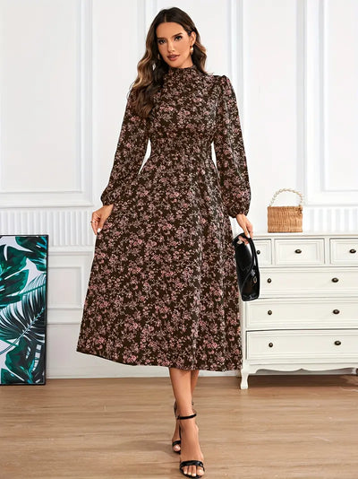 Floral Print Mock Neck Langarmkleid – Elegantes Damenkleid