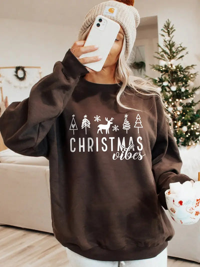 Weihnachts-Sweatshirt für Damen – Grafischer Print, Rundhals, 100% Polyester