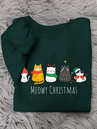 Weihnachtspullover – Meowy-Print, 100 % Polyester, Rundhals