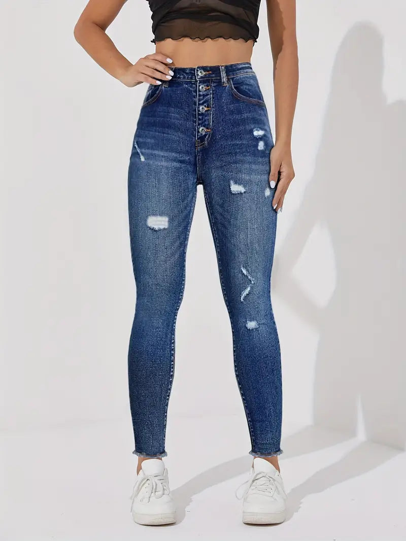 Damen Stretchy Ripped Single-breasted Skinny Jeans