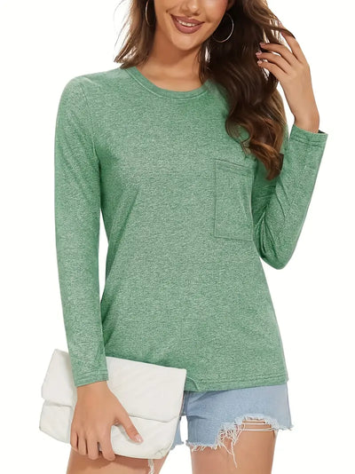 Women's Long Sleeve Solid Color Round Neck T-Shirt, Sportbekleidung für Frauen