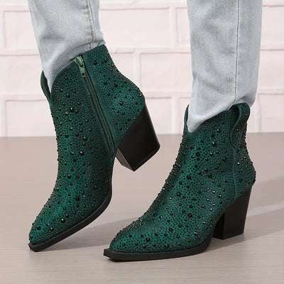 Stiefeletten mit Strass-Dekor, spitzer Zehenbereich und klobigem Absatz