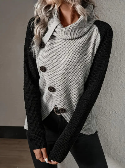 Rollkragenpullover mit Knopfleiste, eleganter asymmetrischer Saum, lange Ärmel