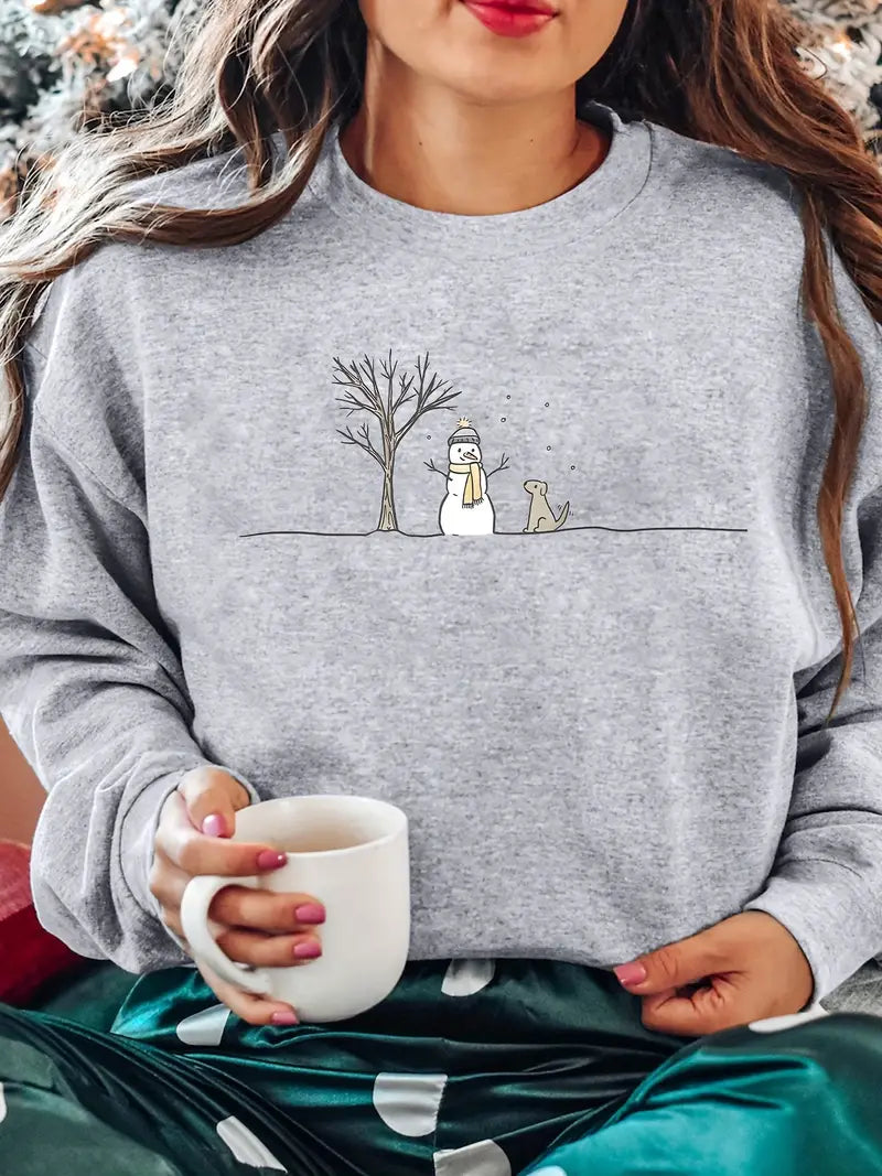 Sweatshirt mit Schneemann Druck - Casual Polyester Rundhalsausschnitt Langarm